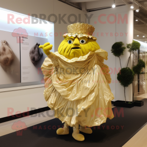 Gold Cabbage mascot costume character dressed with a Wedding Dress and Shoe clips
