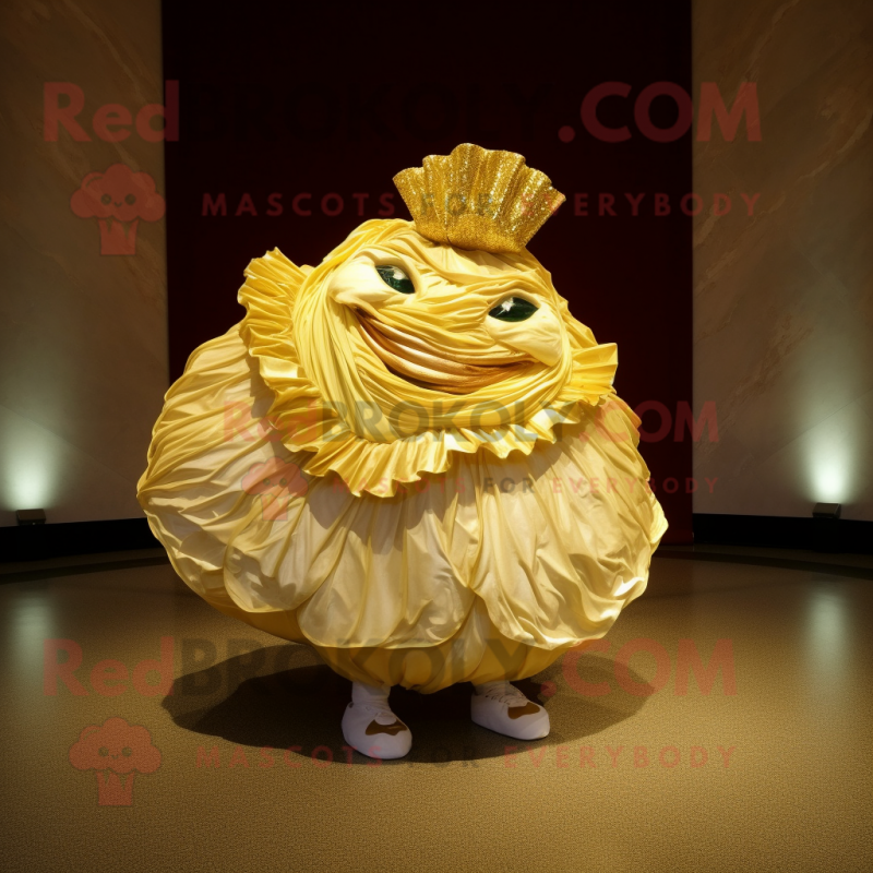Gold Cabbage mascot costume character dressed with a Wedding Dress and Shoe clips Gold Cabbage mascot costume character dressed with a Wedding Dress and Shoe clips