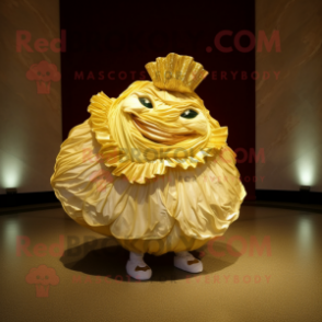 Gold Cabbage mascot costume character dressed with a Wedding Dress and Shoe clips