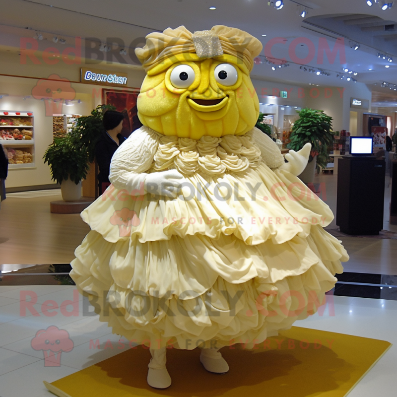 Gold Cabbage mascot costume character dressed with a Wedding Dress and Shoe clips Gold Cabbage mascot costume character dressed with a Wedding Dress and Shoe clips