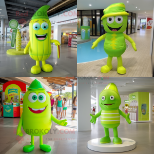 Lime Green Candy Box mascot costume character dressed with a One-Piece Swimsuit and Caps