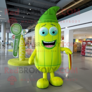Lime Green Candy Box mascot costume character dressed with a One-Piece Swimsuit and Caps