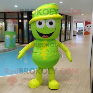 Lime Green Candy Box mascot costume character dressed with a One-Piece Swimsuit and Caps