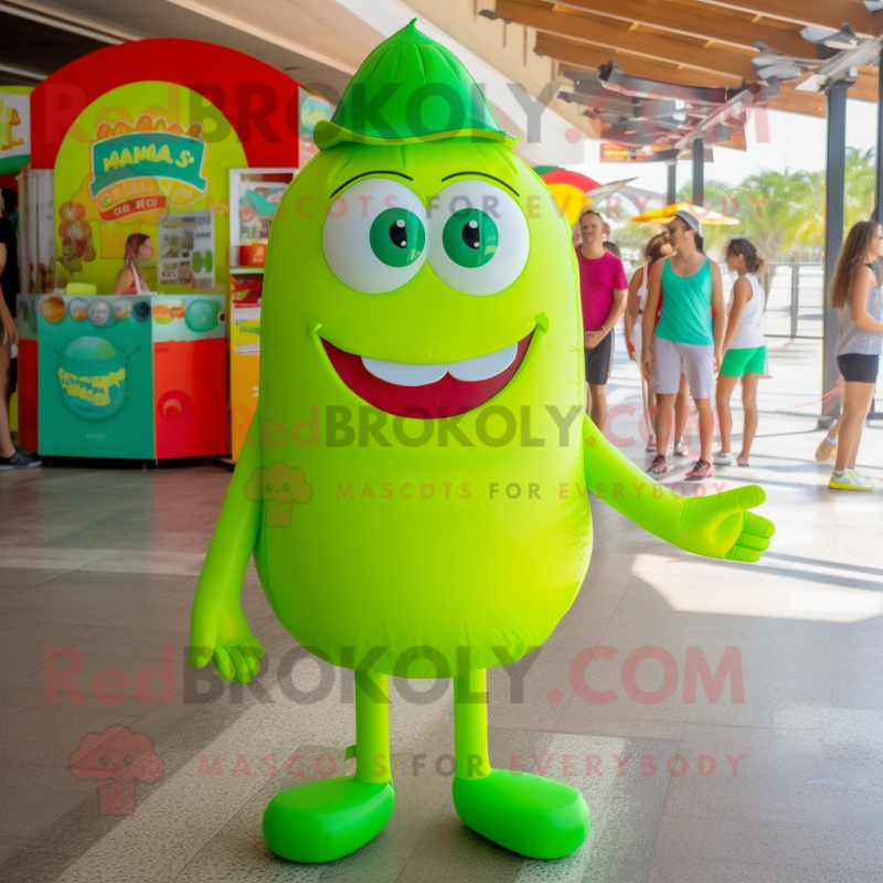 Lime Green Candy Box mascot costume character dressed with a One-Piece Swimsuit and Caps