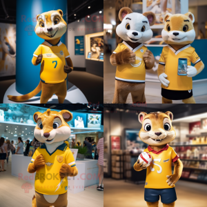 Gold Weasel mascot costume character dressed with a Rugby Shirt and Smartwatches