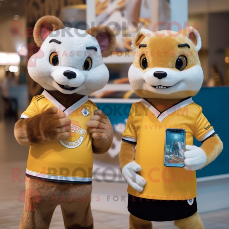 Gold Weasel mascot costume character dressed with a Rugby Shirt and Smartwatches Gold Weasel mascot costume character dressed with a Rugby Shirt and Smartwatches