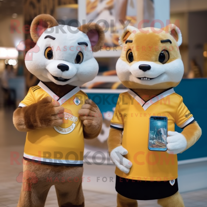 Gold Weasel mascot costume character dressed with a Rugby Shirt and Smartwatches