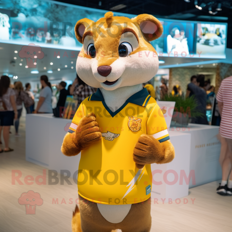 Gold Weasel mascot costume character dressed with a Rugby Shirt and Smartwatches