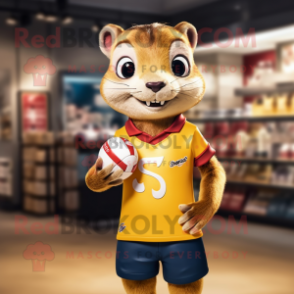 Gold Weasel mascot costume character dressed with a Rugby Shirt and Smartwatches