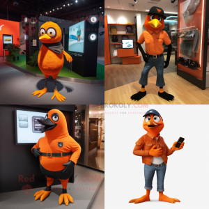 Orange Blackbird mascot costume character dressed with a Bootcut Jeans and Digital watches