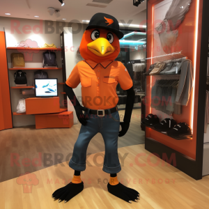 Orange Blackbird mascot costume character dressed with a Bootcut Jeans and Digital watches