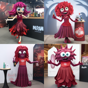 Maroon Medusa mascot costume character dressed with a Cocktail Dress and Backpacks