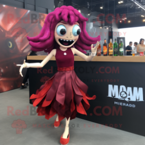 Maroon Medusa mascot costume character dressed with a Cocktail Dress and Backpacks