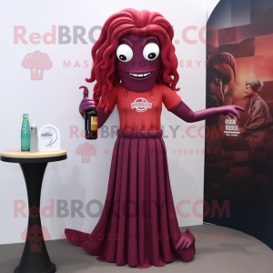 Maroon Medusa mascot costume character dressed with a Cocktail Dress and Backpacks