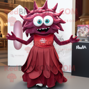 Maroon Medusa mascot costume character dressed with a Cocktail Dress and Backpacks