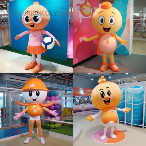 Peach Soccer Goal mascot costume character dressed with a One-Piece Swimsuit and Cummerbunds