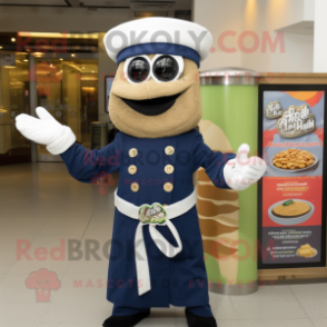 Navy Falafel mascot costume character dressed with a Bodysuit and Bracelets
