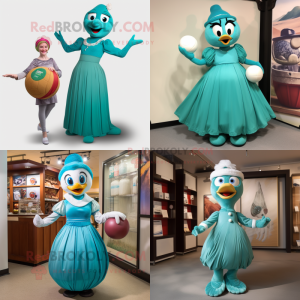 Teal Juggle mascot costume character dressed with a Empire Waist Dress and Cummerbunds