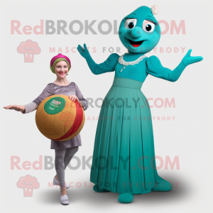 Teal Juggle mascot costume character dressed with a Empire Waist Dress and Cummerbunds