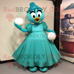 Teal Juggle mascot costume character dressed with a Empire Waist Dress and Cummerbunds