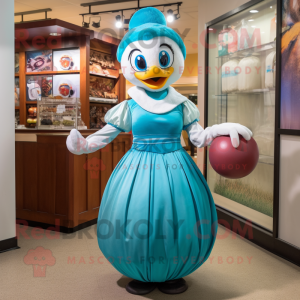 Teal Juggle mascot costume character dressed with a Empire Waist Dress and Cummerbunds