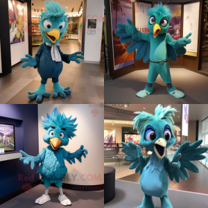 Teal Harpy mascot costume character dressed with a Skinny Jeans and Bow ties