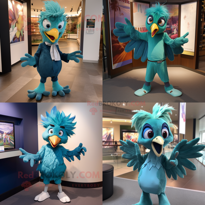 Teal Harpy mascot costume character dressed with a Skinny Jeans and Bow ties Teal Harpy mascot costume character dressed with a Skinny Jeans and Bow ties