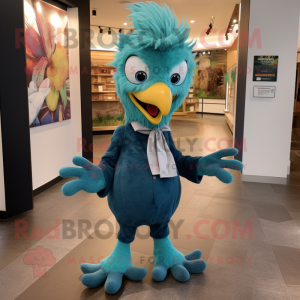 Teal Harpy mascot costume character dressed with a Skinny Jeans and Bow ties