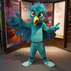 Teal Harpy mascot costume character dressed with a Skinny Jeans and Bow ties