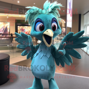 Teal Harpy mascot costume character dressed with a Skinny Jeans and Bow ties