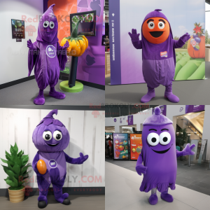 Purple Squash mascot costume character dressed with a Jumpsuit and Scarf clips
