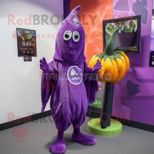 Purple Squash mascot costume character dressed with a Jumpsuit and Scarf clips