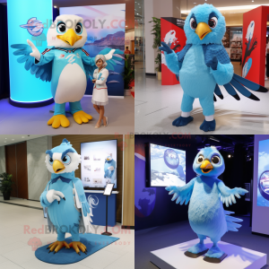 Sky Blue Falcon mascot costume character dressed with a A-Line Dress and Hairpins