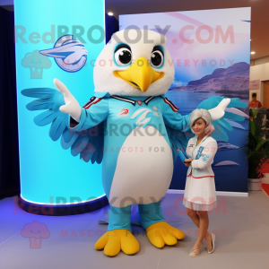 Sky Blue Falcon mascot costume character dressed with a A-Line Dress and Hairpins