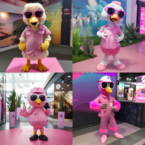 Pink Gosling mascot costume character dressed with a Playsuit and Sunglasses