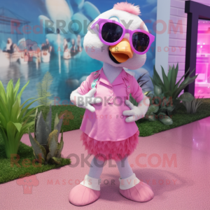 Pink Gosling mascot costume character dressed with a Playsuit and Sunglasses