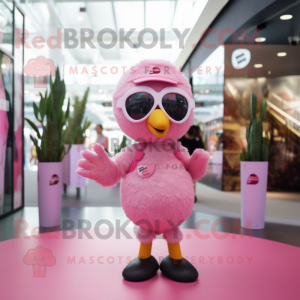 Pink Gosling mascot costume character dressed with a Playsuit and Sunglasses