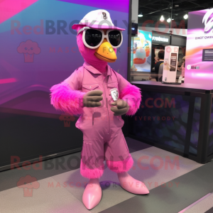 Pink Gosling mascot costume character dressed with a Playsuit and Sunglasses