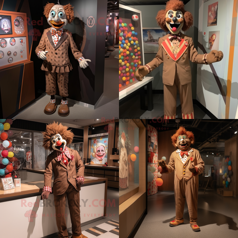 Brown Clown mascot costume character dressed with a Playsuit and Tie pins