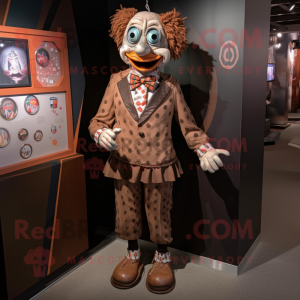 Brown Clown mascot costume character dressed with a Playsuit and Tie pins