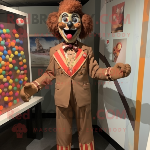 Brown Clown mascot costume character dressed with a Playsuit and Tie pins