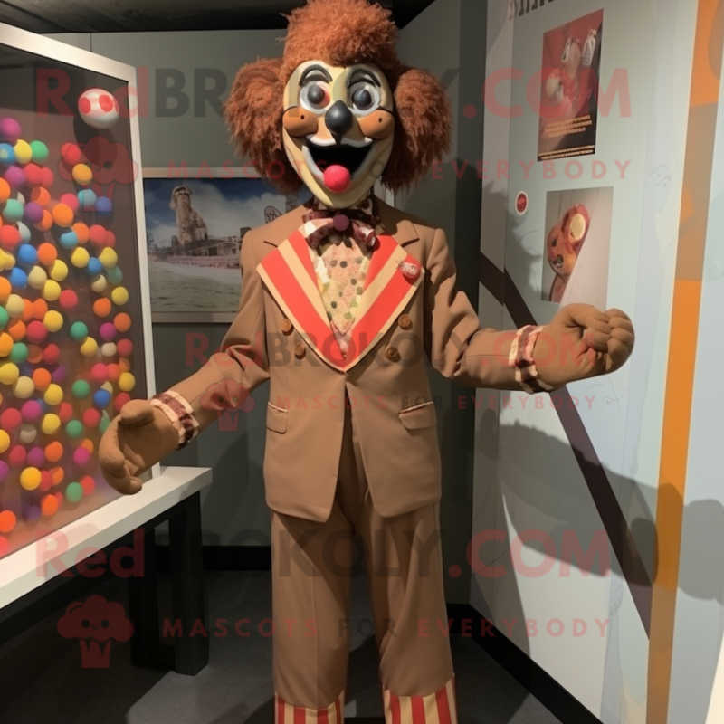 Brown Clown mascot costume character dressed with a Playsuit and Tie pins