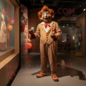 Brown Clown mascot costume character dressed with a Playsuit and Tie pins