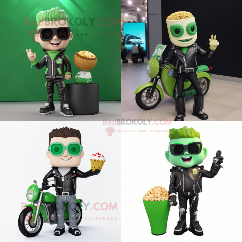 Green Pop Corn mascot costume character dressed with a Biker Jacket and Smartwatches