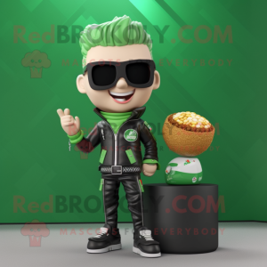 Green Pop Corn mascot costume character dressed with a Biker Jacket and Smartwatches