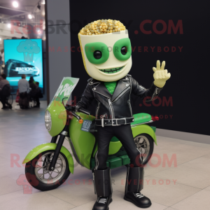 Green Pop Corn mascot costume character dressed with a Biker Jacket and Smartwatches