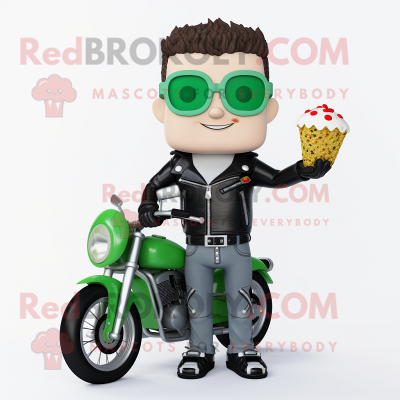 Green Pop Corn mascot costume character dressed with a Biker Jacket and Smartwatches Green Pop Corn mascot costume character dressed with a Biker Jacket and Smartwatches
