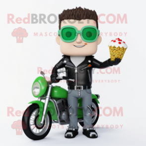 Green Pop Corn mascot costume character dressed with a Biker Jacket and Smartwatches