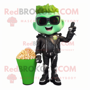 Green Pop Corn mascot costume character dressed with a Biker Jacket and Smartwatches