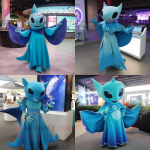 Cyan Manta Ray mascot costume character dressed with a Midi Dress and Bracelet watches